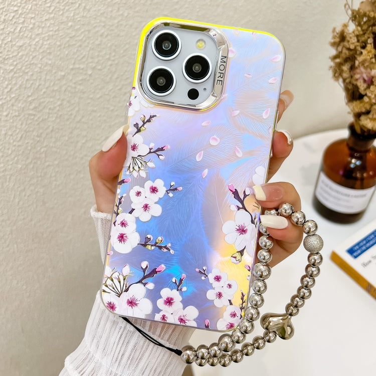 For iPhone 15 Pro Electroplating Laser Flower Phone Case with Wrist Strap(Plum Blossom AH18) - HoMEdemic™ 