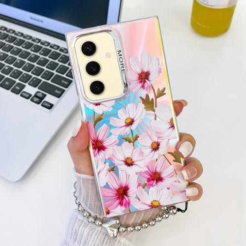 For Samsung Galaxy S24 5G Electroplating Laser Flower Phone Case with Wrist Strap(Cosmos Flower AH7) - HoMEdemic™ 