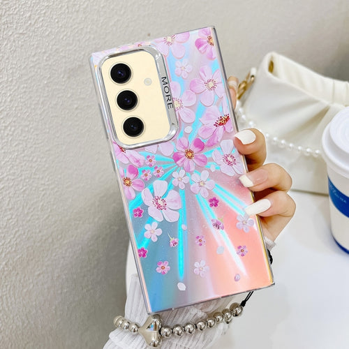 For Samsung Galaxy S24 5G Electroplating Laser Flower Phone Case with Wrist Strap(Pink Flower AH13) - HoMEdemic™ 