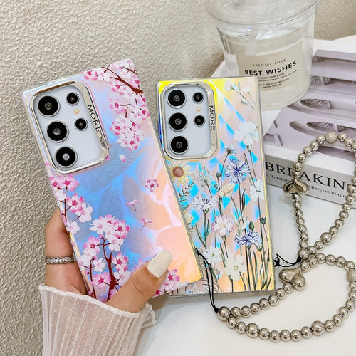 For Samsung Galaxy S24 5G Electroplating Laser Flower Phone Case with Wrist Strap(Rose AH15) - HoMEdemic™ 