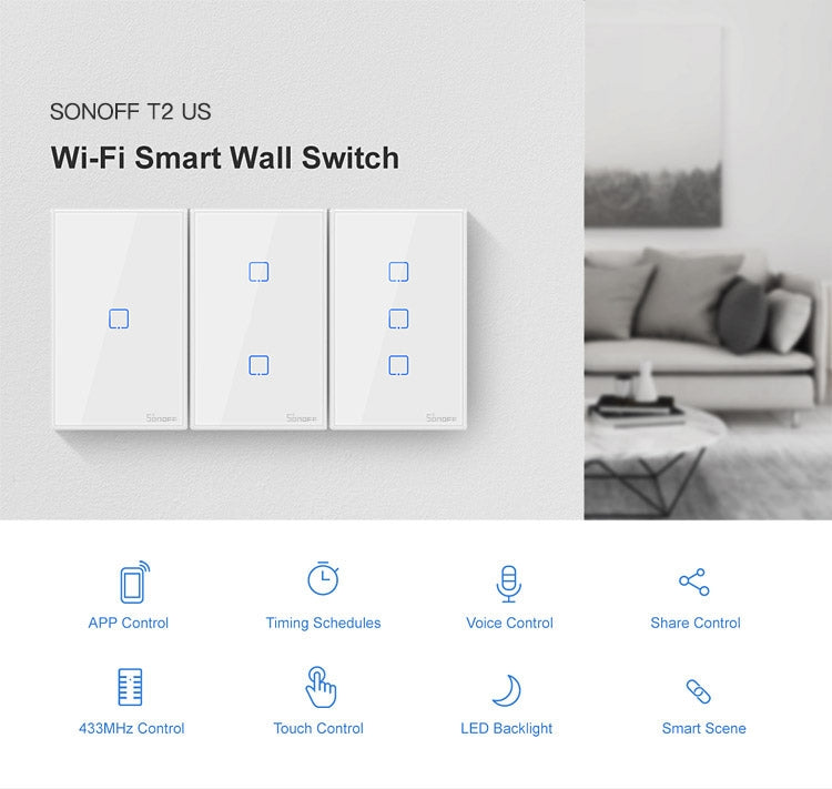 Sonoff T2 Touch 120mm Tempered Glass Panel Wall Switch Smart Home Light Touch Switch, Compatible with Alexa and Google Home, AC 100V-240V, US Plug, 120mm/ 1 US Plug - HoMEdemic™ 