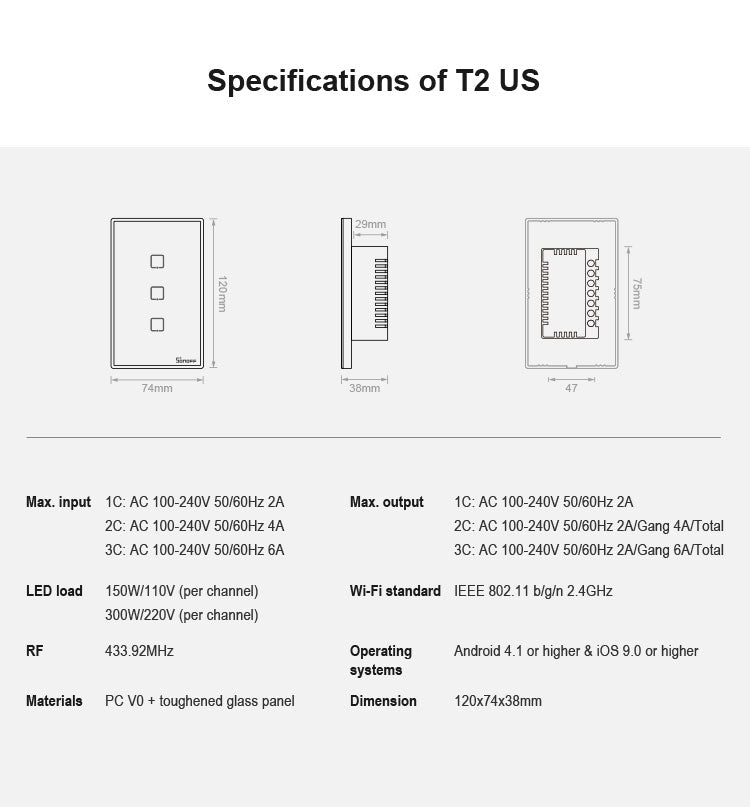 Sonoff T2 Touch 120mm Tempered Glass Panel Wall Switch Smart Home Light Touch Switch, Compatible with Alexa and Google Home, AC 100V-240V, US Plug, 120mm/ 1 US Plug - HoMEdemic™ 