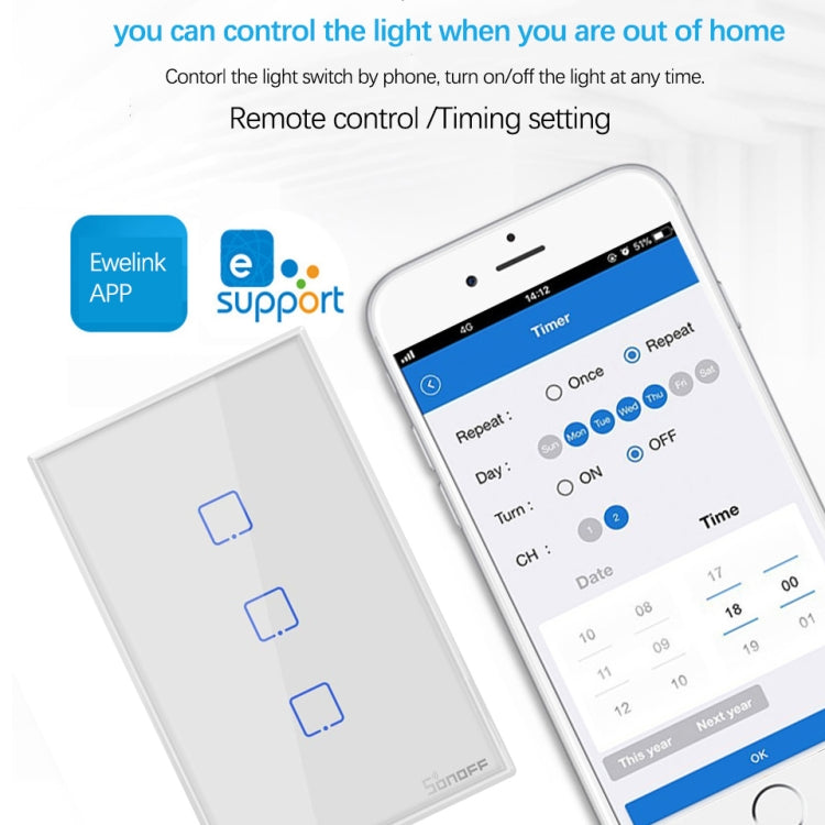 Sonoff T2 Touch 120mm Tempered Glass Panel Wall Switch Smart Home Light Touch Switch, Compatible with Alexa and Google Home, AC 100V-240V, US Plug, 120mm/ 3 US Plug - HoMEdemic™ 
