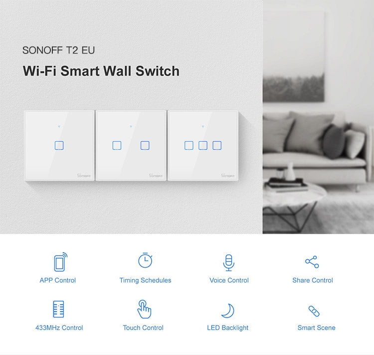 Sonoff T2 Touch 86mm Tempered Glass Panel Wall Switch Smart Home Light Touch Switch, Compatible with Alexa and Google Home, AC 100V-240V, EU Plug, 86mm/ 3 EU Plug - HoMEdemic™ 