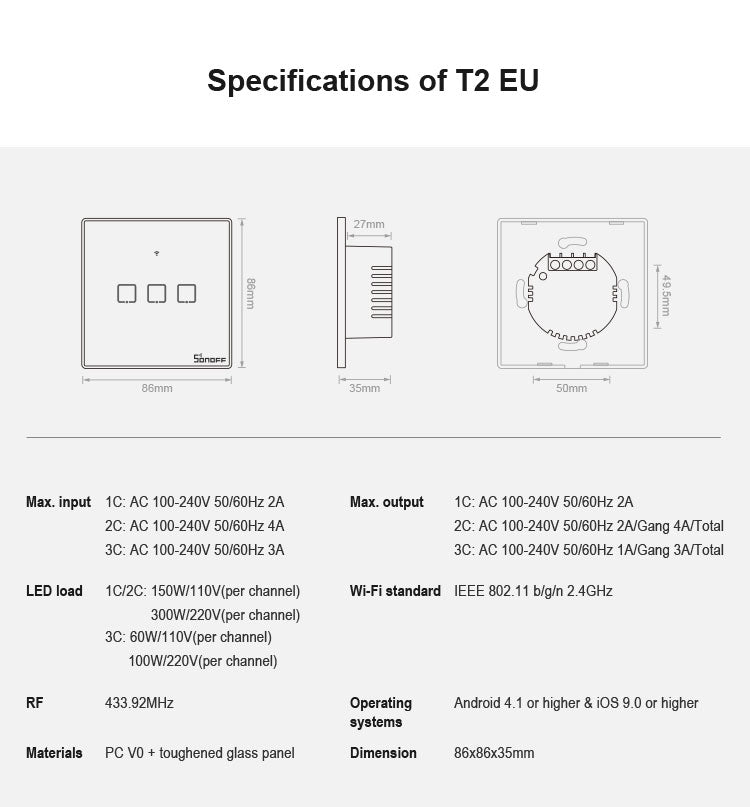 Sonoff T2 Touch 86mm Tempered Glass Panel Wall Switch Smart Home Light Touch Switch, Compatible with Alexa and Google Home, AC 100V-240V, EU Plug, 86mm/ 3 EU Plug - HoMEdemic™ 