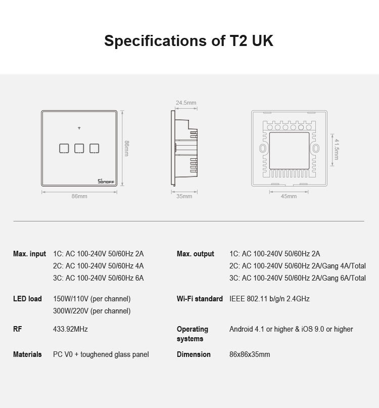 Sonoff T2 Touch 86mm Tempered Glass Panel Wall Switch Smart Home Light Touch Switch, Compatible with Alexa and Google Home, AC 100V-240V, UK Plug, 86mm/ 1 UK Plug - HoMEdemic™ 