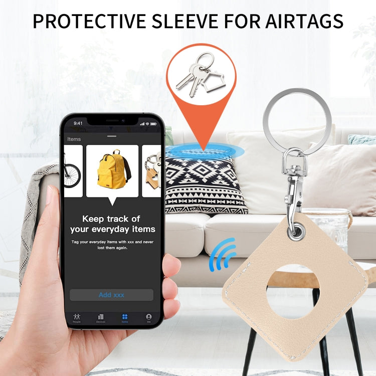 Square PU Leather Case Shockproof Anti-scratch Protective Cover with Keychain Ring Loop For AirTag 2nd Gen / AirTag 1st Gen(Apricot White) - HoMEdemic™ 