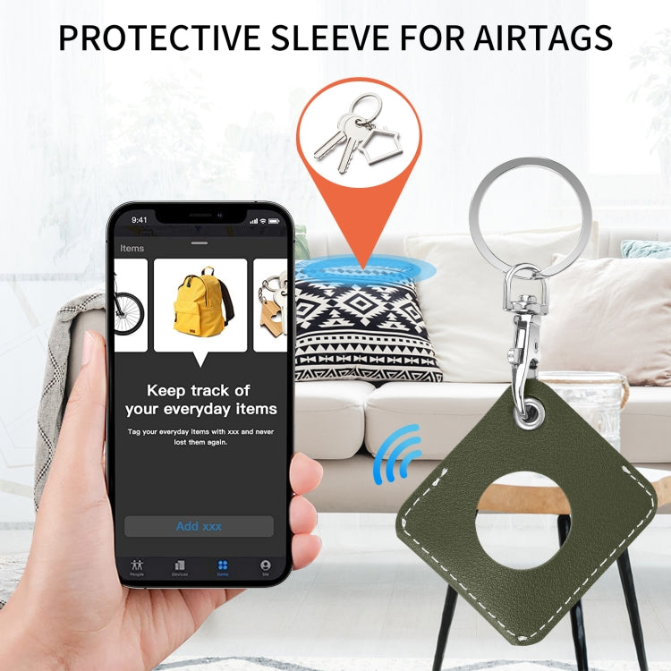 Square PU Leather Case Shockproof Anti-scratch Protective Cover with Keychain Ring Loop For AirTag 2nd Gen / AirTag 1st Gen(Army Green) - HoMEdemic™ 