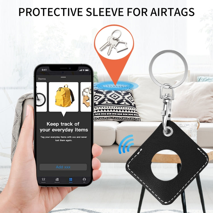 Square PU Leather Case Shockproof Anti-scratch Protective Cover with Keychain Ring Loop For AirTag 2nd Gen / AirTag 1st Gen(Black) - HoMEdemic™ 