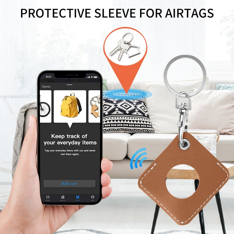 Square PU Leather Case Shockproof Anti-scratch Protective Cover with Keychain Ring Loop For  AirTag 2nd Gen / AirTag 1st Gen(Brown) - HoMEdemic™ 