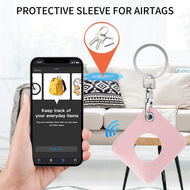 Square PU Leather Case Shockproof Anti-scratch Protective Cover with Keychain Ring Loop For AirTag 2nd Gen / AirTag 1st Gen(Cream Pink) - HoMEdemic™ 