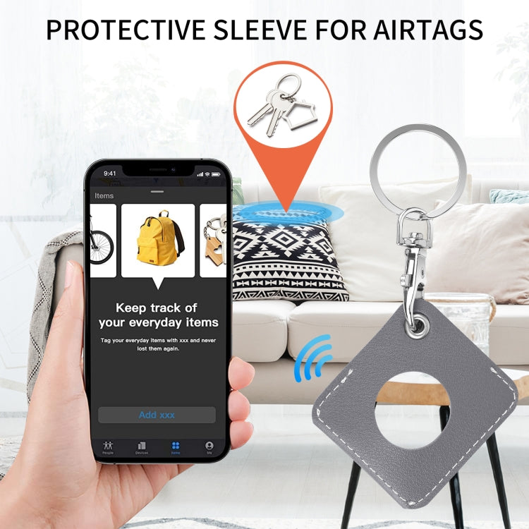 Square PU Leather Case Shockproof Anti-scratch Protective Cover with Keychain Ring Loop For AirTag 2nd Gen / AirTag 1st Gen(Grey) - HoMEdemic™ 