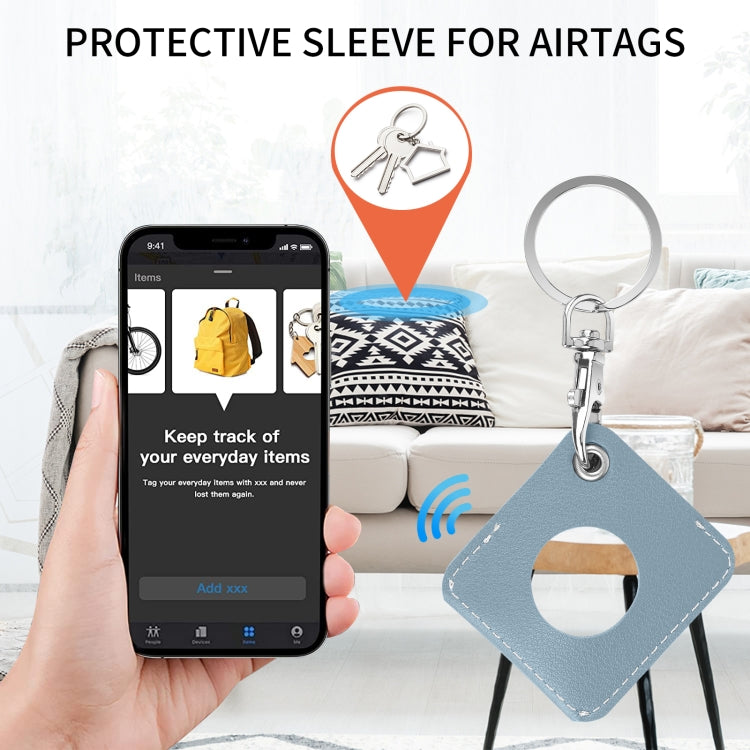 Square PU Leather Case Shockproof Anti-scratch Protective Cover with Keychain Ring Loop For AirTag 2nd Gen / AirTag 1st Gen(Haze Blue) - HoMEdemic™ 