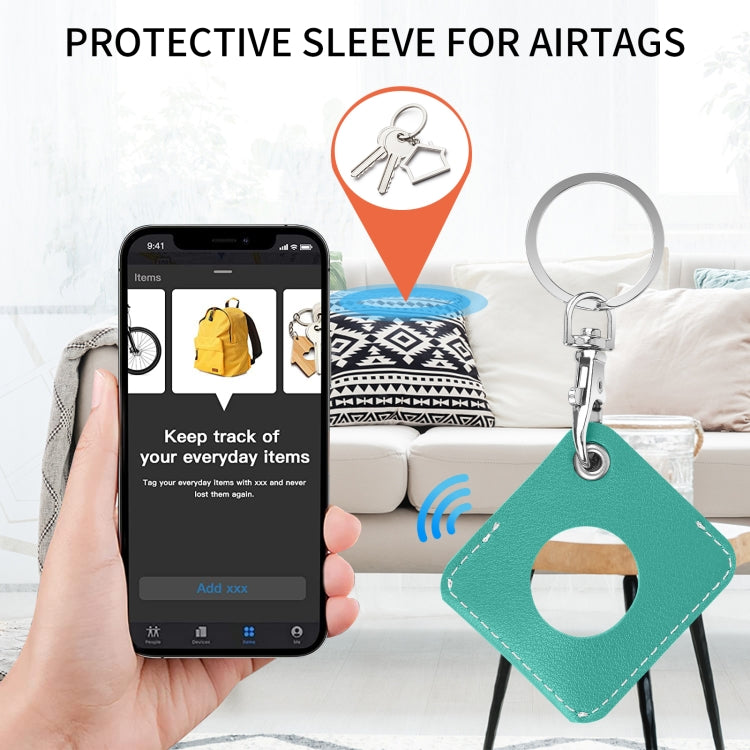 Square PU Leather Case Shockproof Anti-scratch Protective Cover with Keychain Ring Loop For AirTag 2nd Gen / AirTag 1st Gen(Lake Green) - HoMEdemic™ 