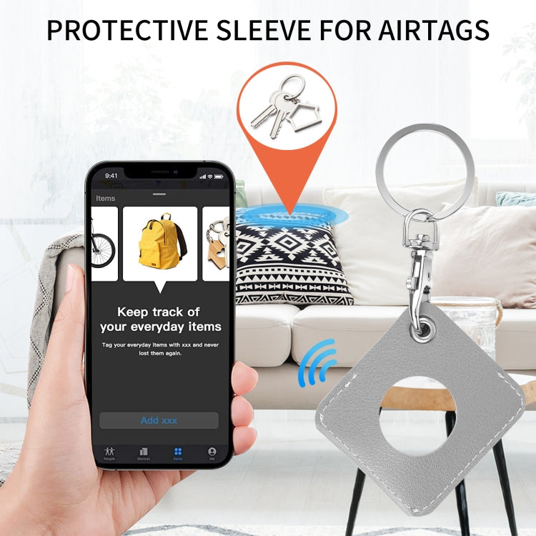 Square PU Leather Case Shockproof Anti-scratch Protective Cover with Keychain Ring Loop For AirTag 2nd Gen / AirTag 1st Gen(Light Grey) - HoMEdemic™ 