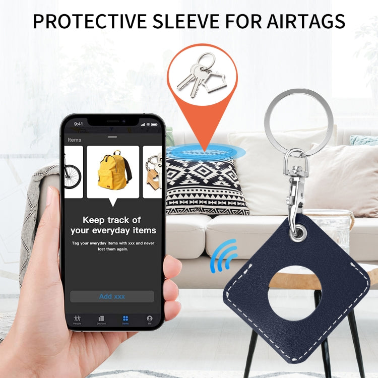Square PU Leather Case Shockproof Anti-scratch Protective Cover with Keychain Ring Loop For AirTag 2nd Gen / AirTag 1st Gen(Night Blue) - HoMEdemic™ 
