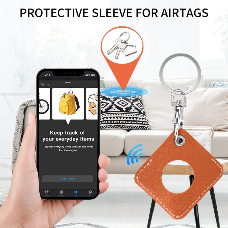 Square PU Leather Case Shockproof Anti-scratch Protective Cover with Keychain Ring Loop For AirTag 2nd Gen / AirTag 1st Gen(Orange) - HoMEdemic™ 
