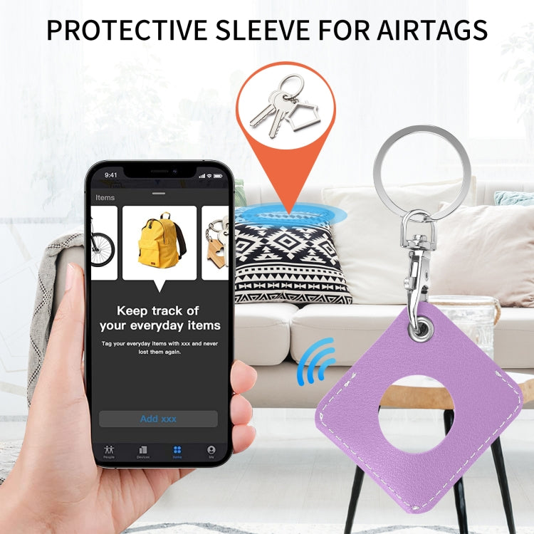 Square PU Leather Case Shockproof Anti-scratch Protective Cover with Keychain Ring Loop For AirTag 2nd Gen / AirTag 1st Gen(Purple) - HoMEdemic™ 