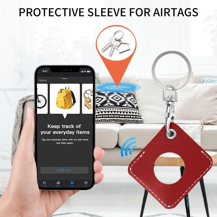 Square PU Leather Case Shockproof Anti-scratch Protective Cover with Keychain Ring Loop For AirTag 2nd Gen / AirTag 1st Gen(Red) - HoMEdemic™ 