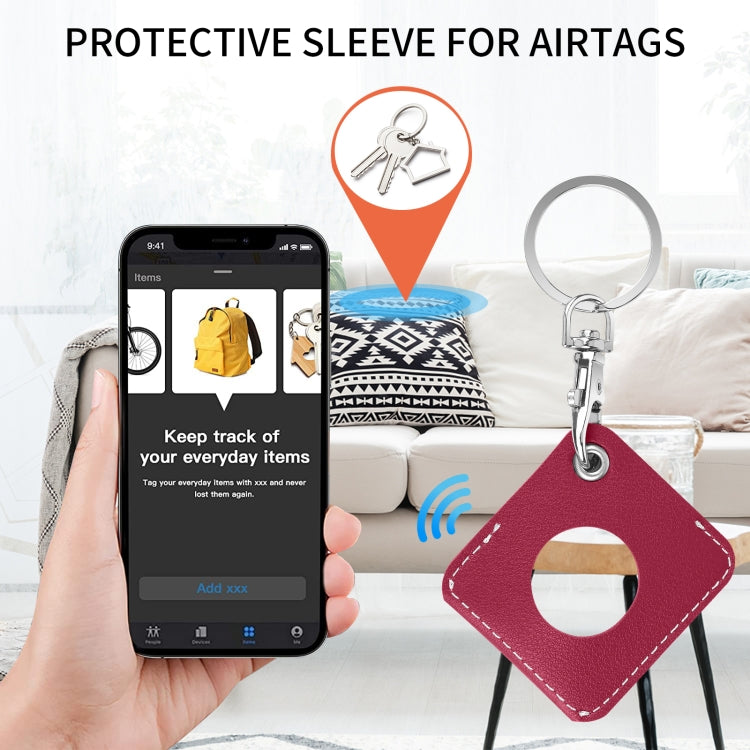 Square PU Leather Case Shockproof Anti-scratch Protective Cover with Keychain Ring Loop For AirTag 2nd Gen / AirTag 1st Gen(Rose Red) - HoMEdemic™ 