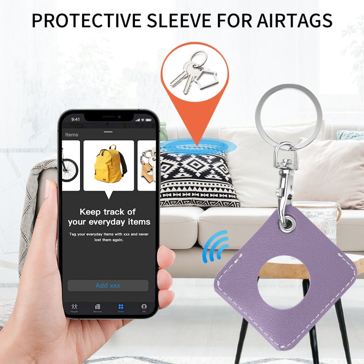 Square PU Leather Case Shockproof Anti-scratch Protective Cover with Keychain Ring Loop For AirTag 2nd Gen / AirTag 1st Gen(Taro Purple) - HoMEdemic™ 