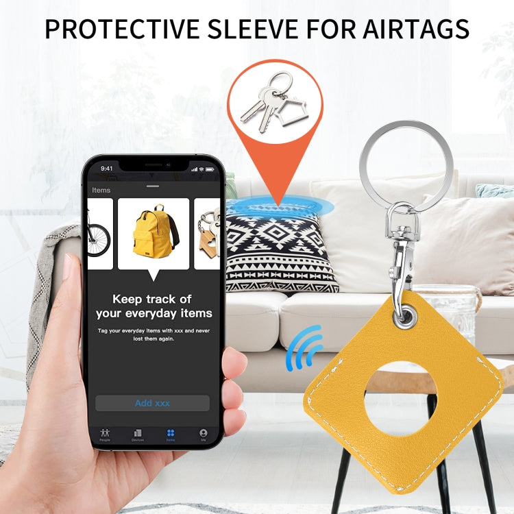 Square PU Leather Case Shockproof Anti-scratch Protective Cover with Keychain Ring Loop For AirTag 2nd Gen / AirTag 1st Gen(Yellow) - HoMEdemic™ 