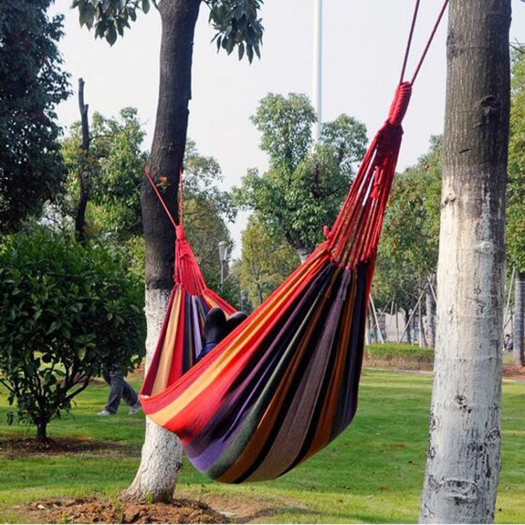 Stripe Outdoor Canvas Hammock Dual People Widening Swing Bed, Size: 190cm x 150cm, 190cm x 150cm (Blue), 190cm x 150cm (Red+Yellow), 200 x 150cm (Blue+Yellow) - HoMEdemic™ 