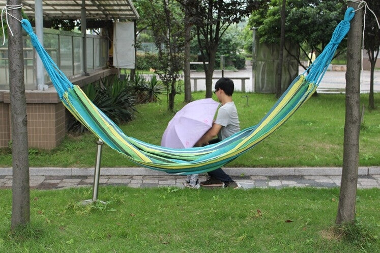 Stripe Outdoor Canvas Hammock Dual People Widening Swing Bed, Size: 190cm x 150cm, 190cm x 150cm (Blue), 190cm x 150cm (Red+Yellow), 200 x 150cm (Blue+Yellow) - HoMEdemic™ 