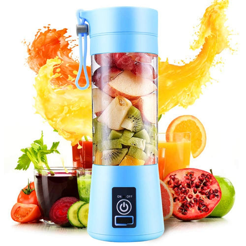 USB Rechargeable Electric Automatic Vegetable Fruit Citrus Orange Juice Maker Cup Mixer Bottle (380ML)(6 Blades Blue) - HoMEdemic™ 