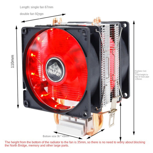 Desktop Computer 6 Copper Tube CPU Radiator Super Quiet Red Light 3-pin Single Fan - HoMEdemic™ 