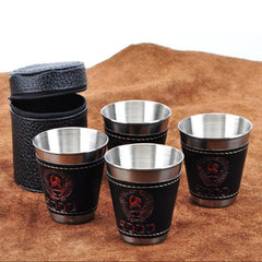 4 in 1 70ml Outdoor Camping Tableware Travel Cups Set Picnic Supplies Stainless Steel Wine Beer Cup Whiskey Mugs PU Leather - HoMEdemic™ 