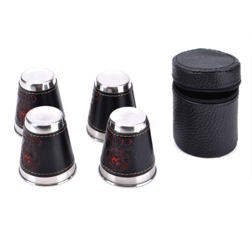 4 in 1 70ml Outdoor Camping Tableware Travel Cups Set Picnic Supplies Stainless Steel Wine Beer Cup Whiskey Mugs PU Leather - HoMEdemic™ 