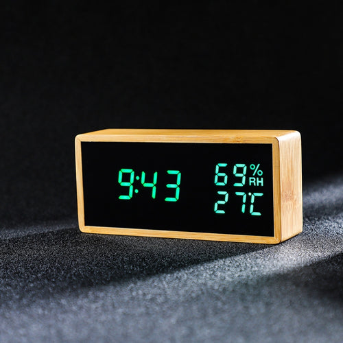 1502 Temperature And Humidity Electronic Clock Solid Wood LED Digital Control Alarm Clock, Colour: Green - HoMEdemic™ 