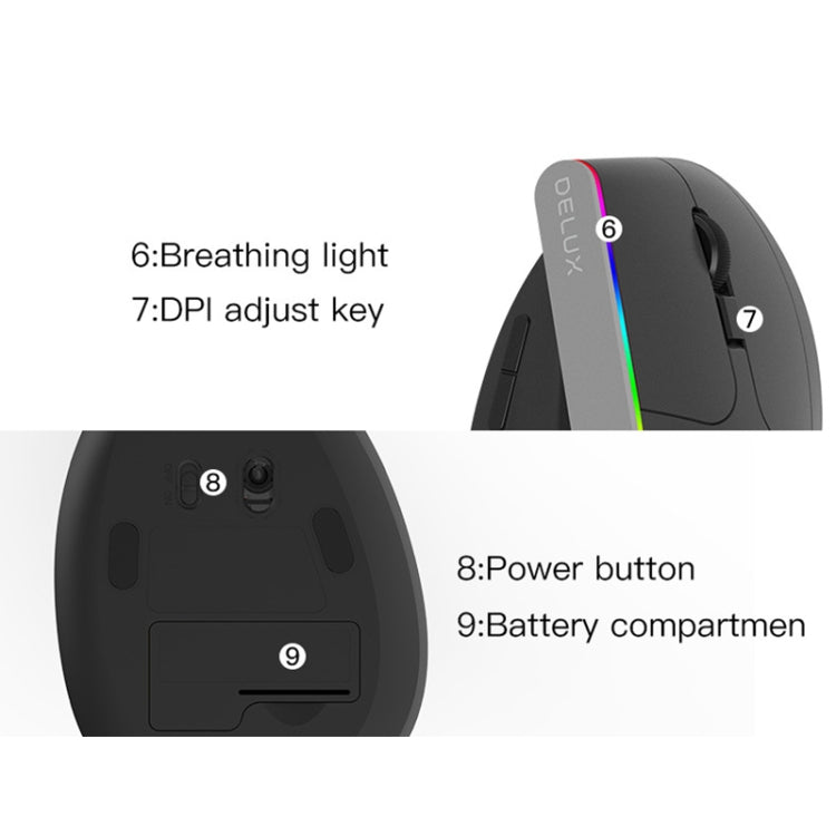 DELUX M618DB 6-Keys 1600 DPI RGB Vertical Wireless Bluetooth Dual-Mode Mouse(Lithium Bluetooth Version) - HoMEdemic™ 