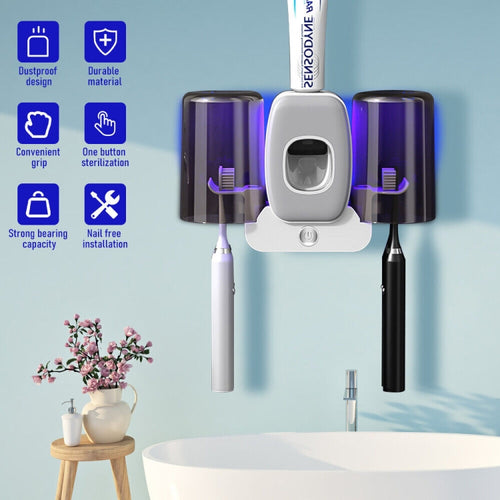 Couple Wall Mounted Toothbrush Holder Automatic Squeeze Toothpaste Device,Spec: Disinfection Type White - HoMEdemic™ 