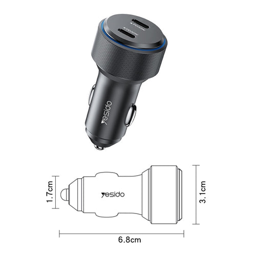 Yesido Y48  60W Car Fast Charger Aluminum Aluminum Double Type-C/USB-C Port Car Charger(Black) - HoMEdemic™ 