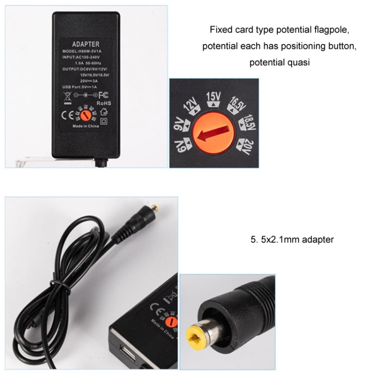 65W 6-20V Adjustable 3A DC Power Adapter Charger, Specification: EU Plug - HoMEdemic™ 