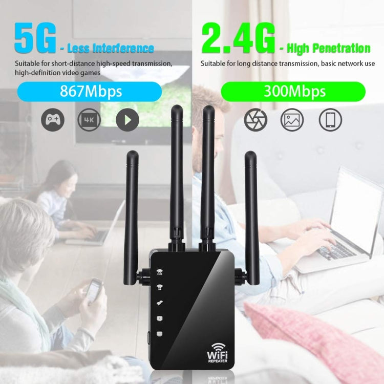 5G/2.4G 1200Mbps WiFi Range Extender WiFi Repeater With 2 Ethernet Ports EU Plug Black - HoMEdemic™ 