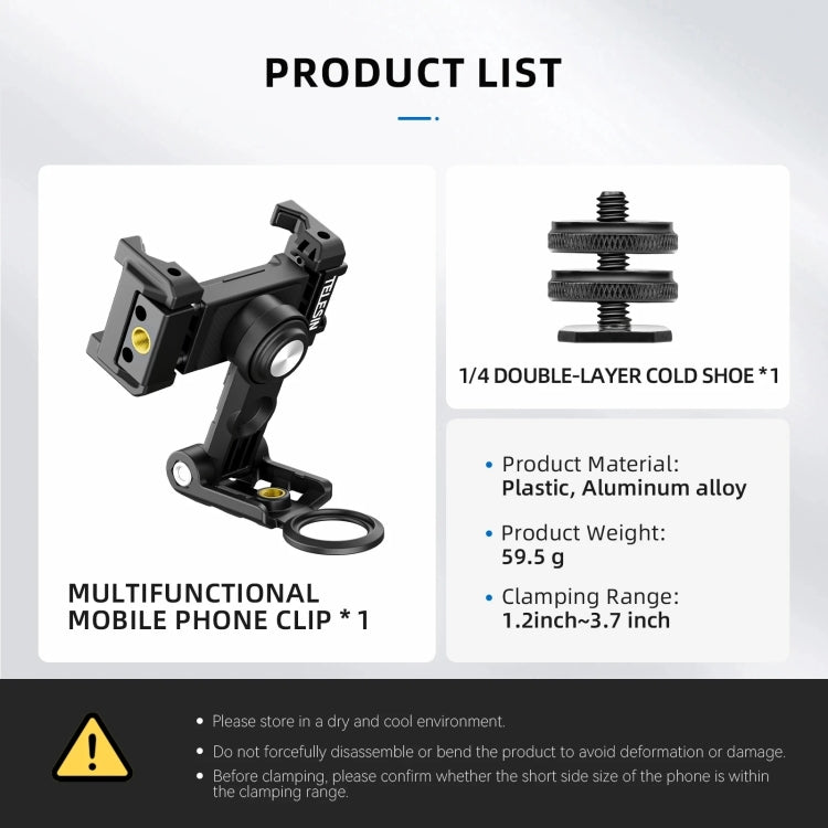 Telesin Mobile Phone Clip 360 Degree Rotating Desktop Bracket With Cold Shoe Mount(Black) - HoMEdemic™ 