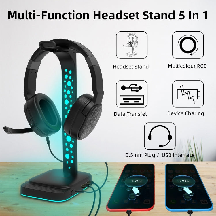 3.5mm Audio RGB Illuminated Headset Holder Dual USB Gaming Headset Display Rack(With Headphone Jack Black) - HoMEdemic™ 