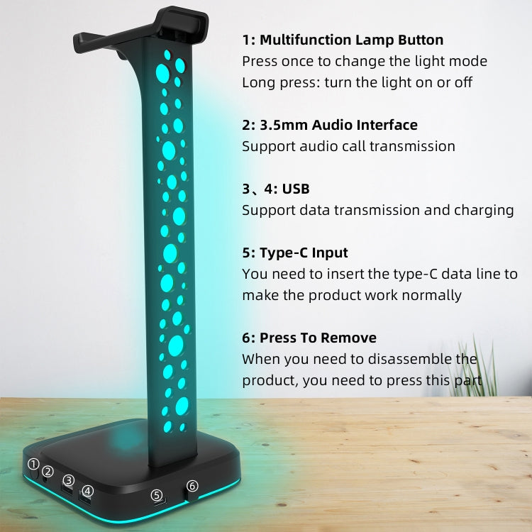 3.5mm Audio RGB Illuminated Headset Holder Dual USB Gaming Headset Display Rack(With Headphone Jack Black) - HoMEdemic™ 