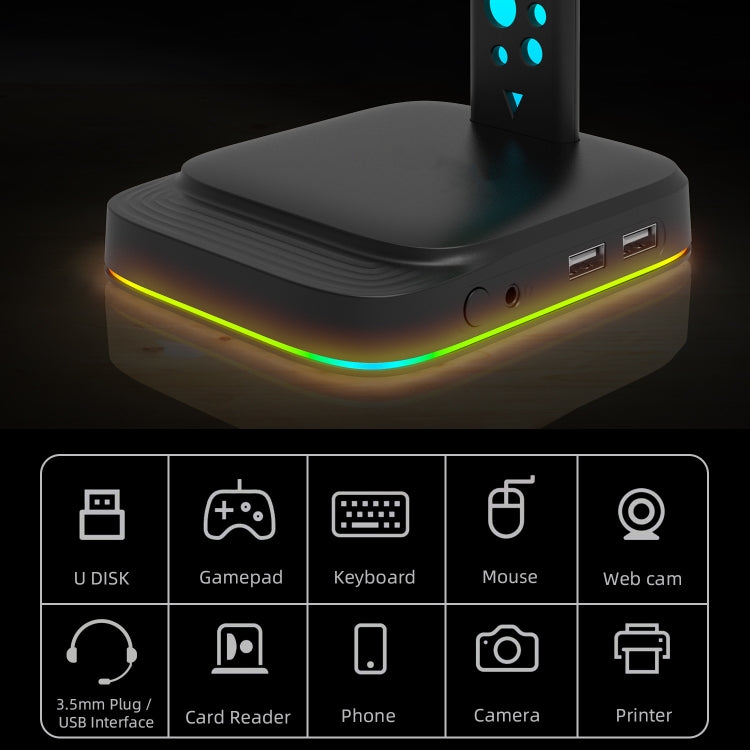 3.5mm Audio RGB Illuminated Headset Holder Dual USB Gaming Headset Display Rack(With Headphone Jack Black) - HoMEdemic™ 