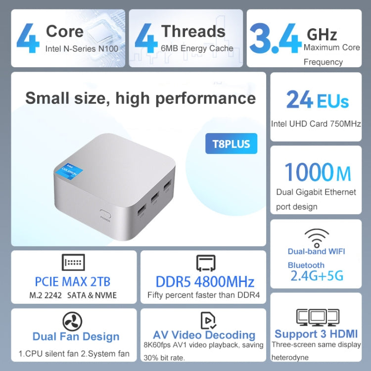 T8Plus Alder Lake-N100 4K Dual Band WIFI Bluetooth Office Game Portable Mini PC, Spec: 8G 256G UK Plug - HoMEdemic™ 