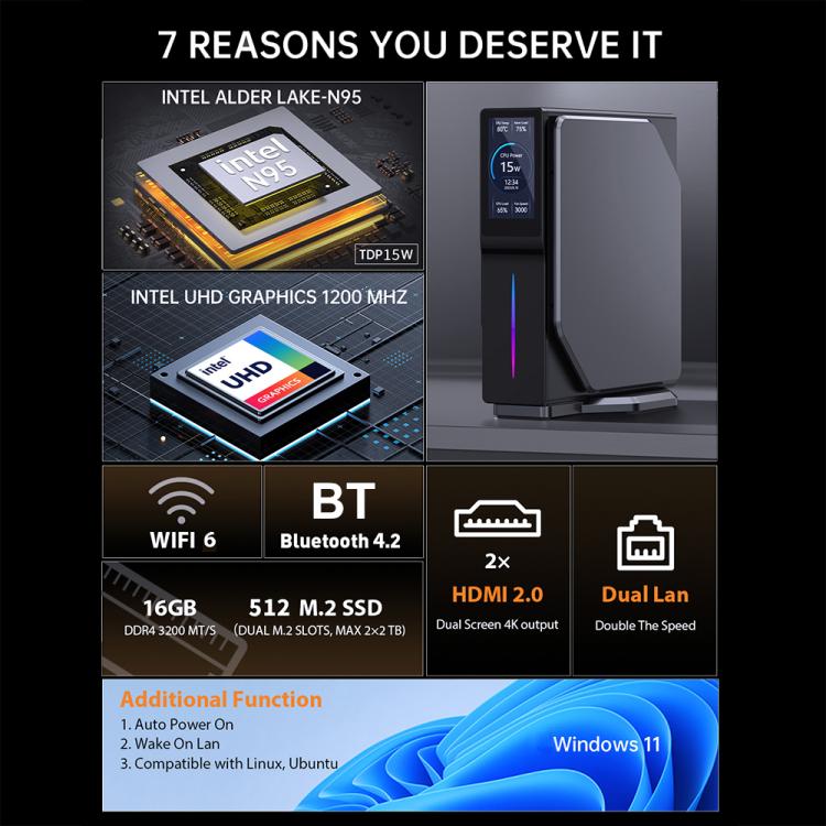 S1 Intel Alder Lake N150 WIFI 6+BT4.2 Office Home Mini PC Win11 DDR4 3200MHz, Spec: 16G+512G UK Plug - HoMEdemic™ 
