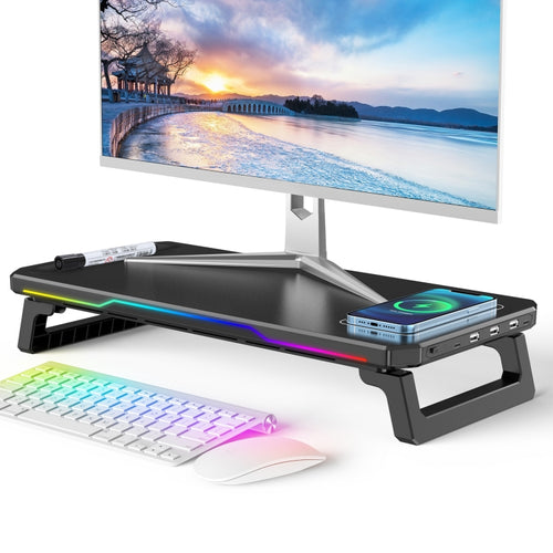 RGB Computer Monitor Stand Riser 3 USB 2.0 +1 Type-C Ports, Spec: Wireless Charging  Black - HoMEdemic™ 