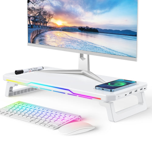 RGB Computer Monitor Stand Riser 3 USB 2.0 +1 Type-C Ports, Spec: Wireless Charging White - HoMEdemic™ 