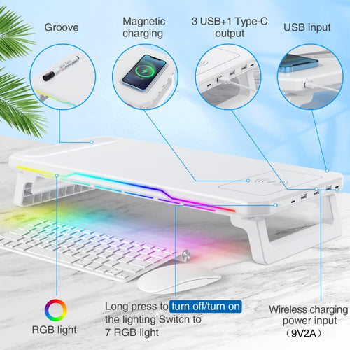 RGB Computer Monitor Stand Riser 3 USB 2.0 +1 Type-C Ports, Spec: Wireless Charging White - HoMEdemic™ 