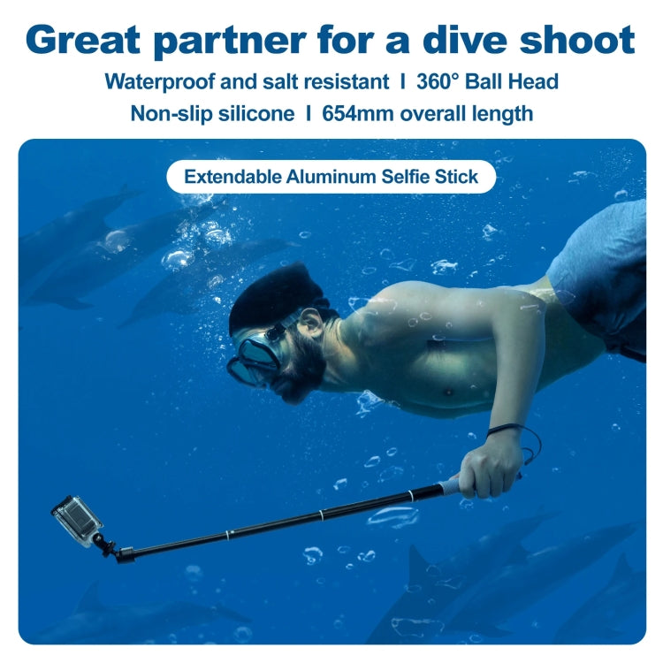 TELESIN WSS-001 65.4cm Aluminum Alloy Waterproof Ball Head Selfie Stick Diving Shooting Sports Camera Extension Stick - HoMEdemic™ 