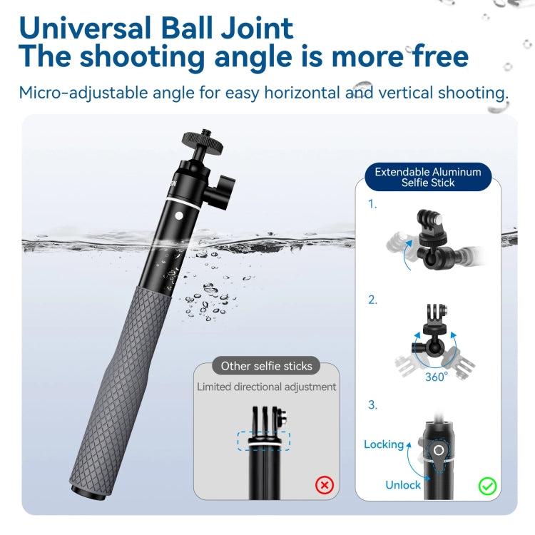 TELESIN WSS-001 65.4cm Aluminum Alloy Waterproof Ball Head Selfie Stick Diving Shooting Sports Camera Extension Stick - HoMEdemic™ 