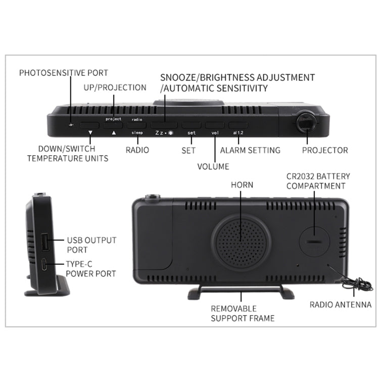 TS-9210 Digital Mirror Projection Alarm Clock With FM Radio & Temperature Humidity - HoMEdemic™ 